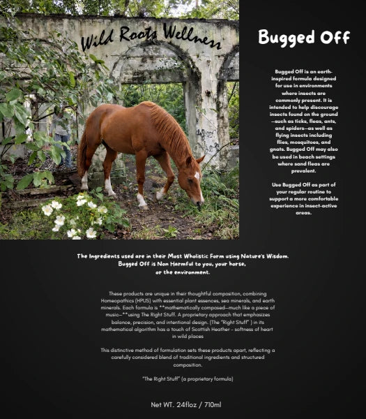 Bugged Off product packaging with a horse in a natural setting, promoting pest relief for animals.