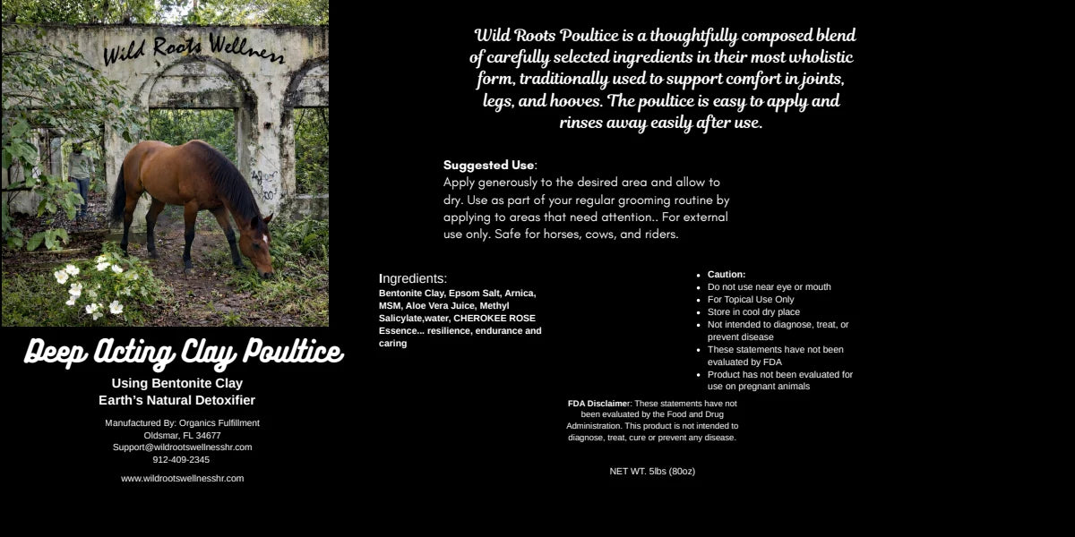Deep Acting Clay Poultice packaging showcasing natural ingredients for relief and skin care.
