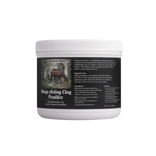 Deep Acting Clay Poultice jar showing natural relief and skin care benefits, designed for body care needs.