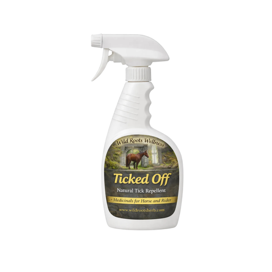 Ticked Off natural tick repellent spray bottle for horse and rider by Wild Roots Wellness.